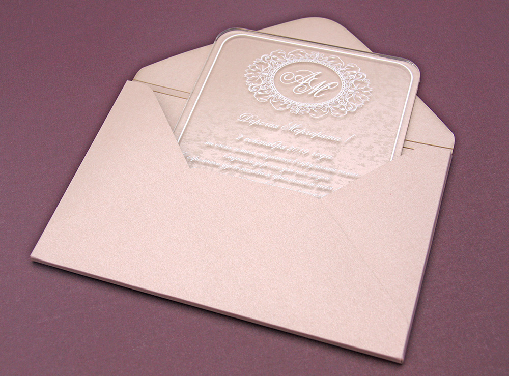 приглашения на свадьбу на розовом стекле - 3D конверт, сургучная печать