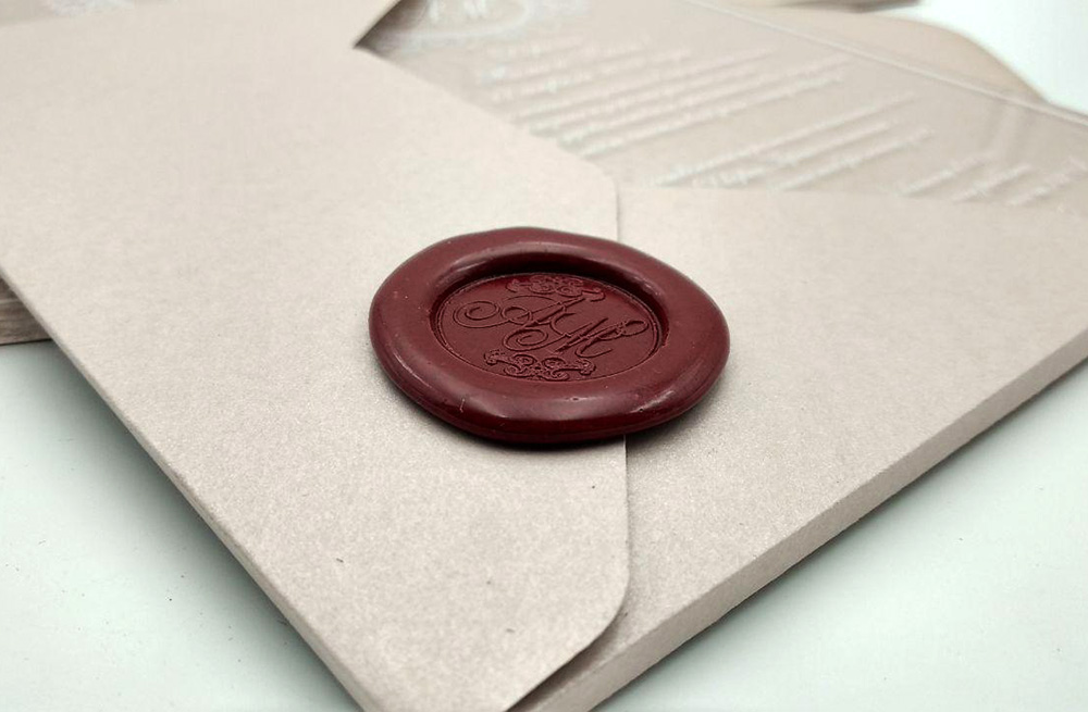 приглашения на свадьбу на розовом стекле - 3D конверт, сургучная печать