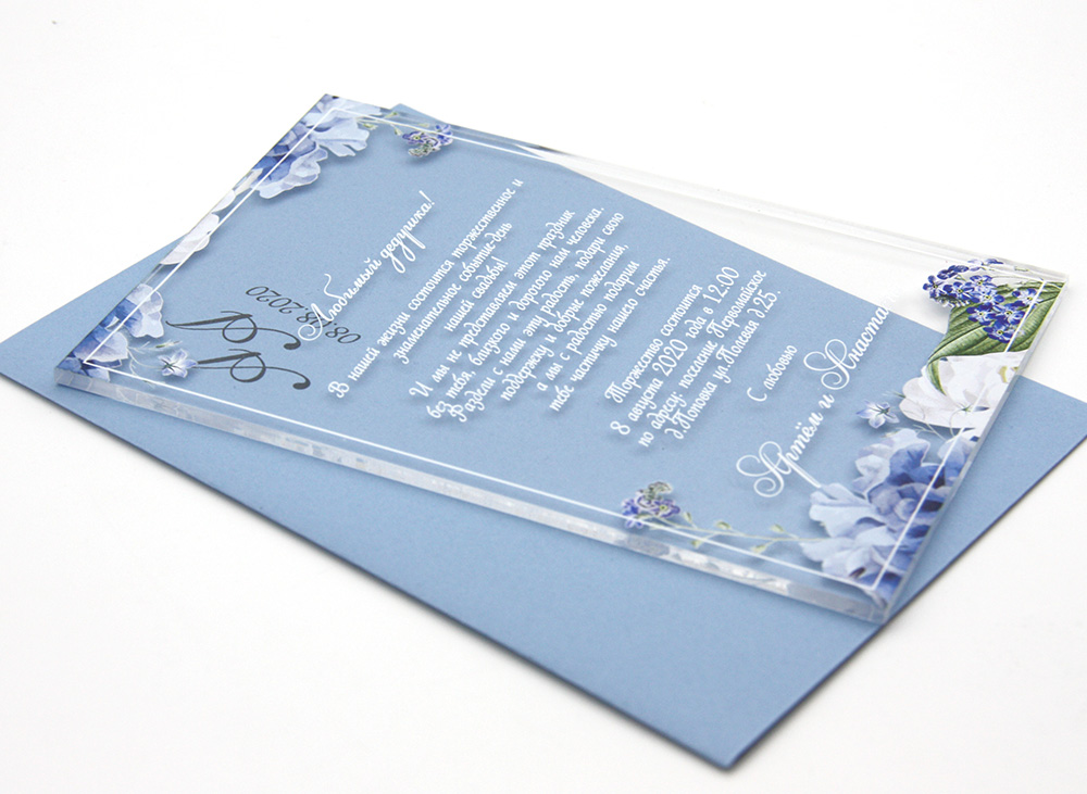 Прозрачные приглашения на свадьбу на стекле - Печать голубых цветов