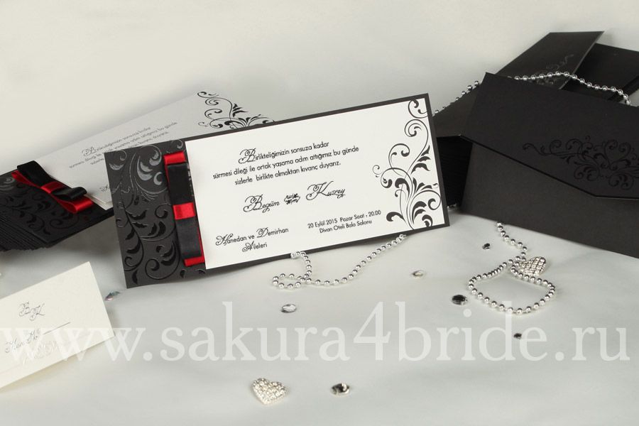 Свадебные приглашения Erdem - Строгое приглашение, выполненное в черно-белых тонах с черным и красным бантиками