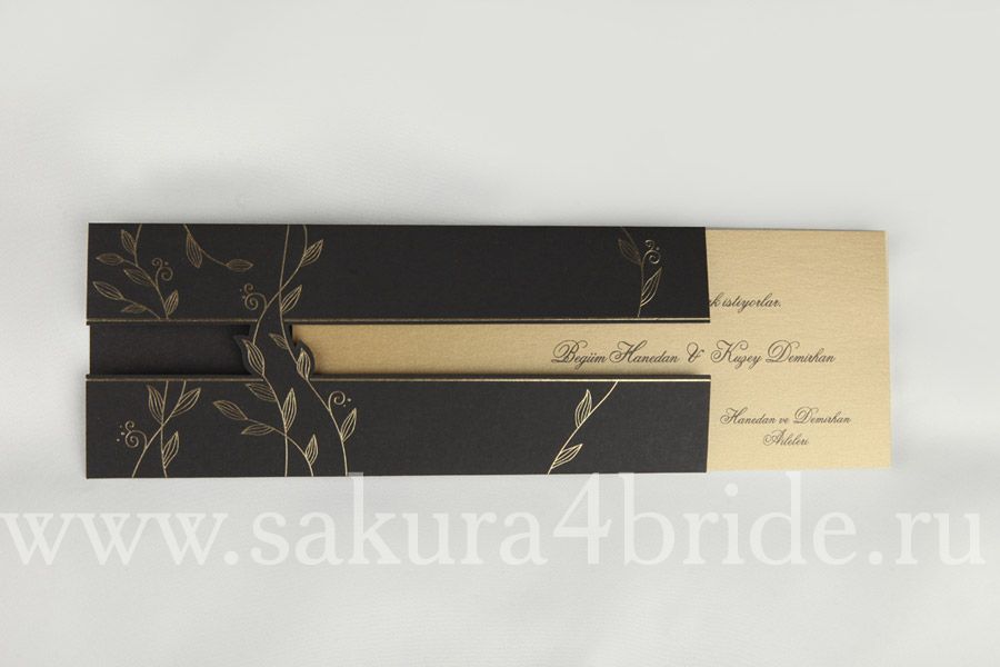 Свадебные приглашения Erdem - Строгое приглашение, выполненное в золотисто-черных тонах с золотым рисунком из листочком