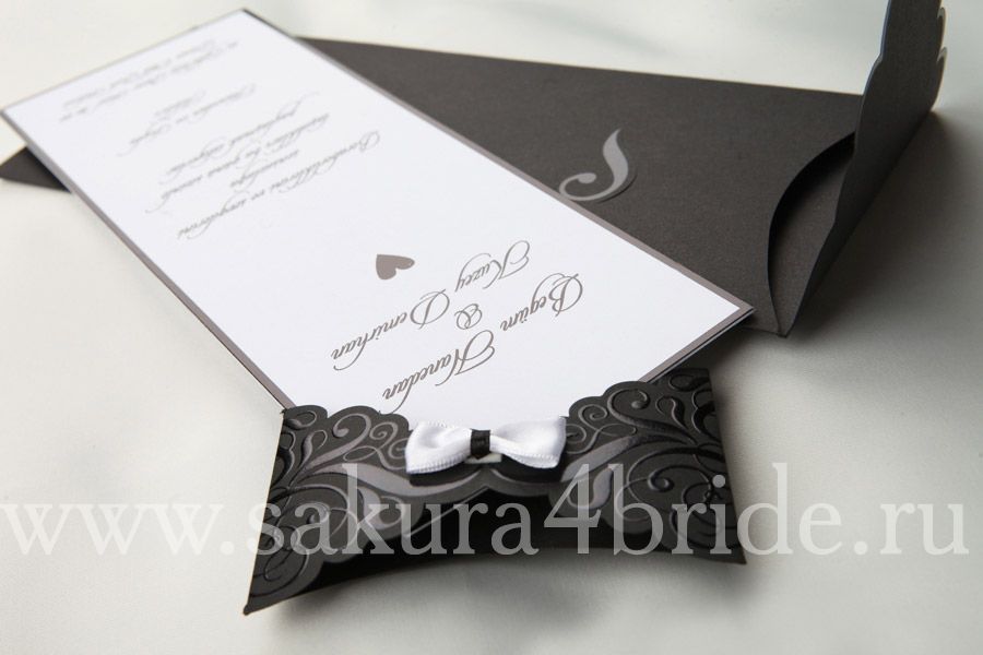 Свадебные приглашения Erdem - Строгое приглашение в черно-белых цветах с бантиком в цвет и узорами